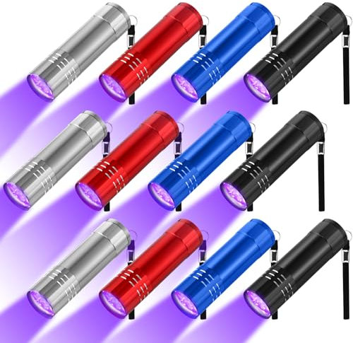 Riakrum 12 Stück Schwarzlicht-Taschenlampen, LED-UV-Handlampe, Mini-Schwarzlicht-Taschenlampe, klein, tragbar, UV-Lichtdetektor, UV-Taschenlampe, 395 nm, 9 LED-Licht, Batterie nicht im Lieferumfang