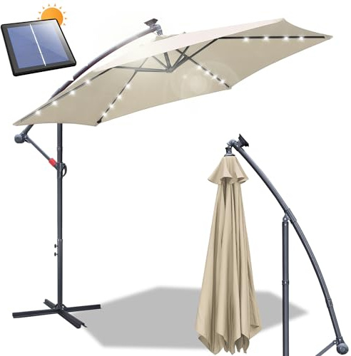 Daromigo Ombrellone 300/350 cm con manovella, ombrellone con supporto, parasole da giardino, protezione UV in alluminio, per il mercato, impermeabile, per il giardino, Beige con LED solare, Ø 350 cm