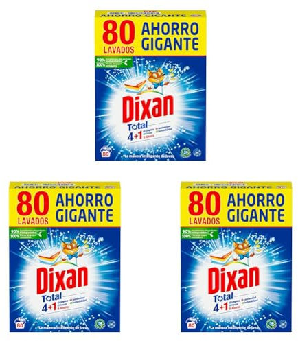 Dixan Polvo Total 3+1, Detergente en Polvo para Lavadora (80 lavados) jabón en polvo para lavar la ropa blanca y de color, Limpieza, luminosidad y frescor, versión antigua (Paquete de 3)