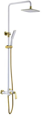 BiaoTeng Colonne de Douche Avec Mitigeur, 3 Fonctions, Hauteur Réglable 90~120 Cm Colonne de Douche Fixation Murale Réglable Systeme Douche Murale, blanc + Or
