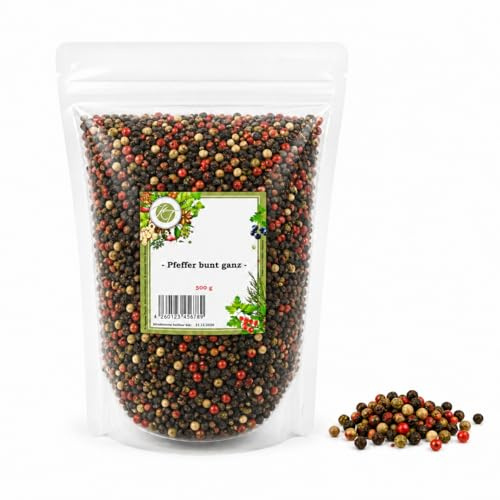 K T 500 g Pfeffer bunt ganz - Pfefferkörner - Perfekt für Mühle & Mörser