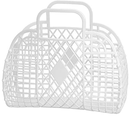 Ihålig förvaringskorg plast återanvändbar bärbar hopfällbar väska för strand hem sängbord shopping leksaker kläder (vit)