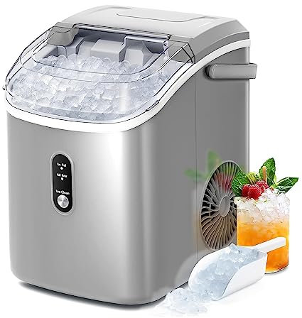 Nugget Ice Machine, Chewable Countertop Ice Maker With Handle and Self-Clean Function, 34 Lbs/Day and Self-Cleaning, One Touch Operation and Portable, For Home/Kitchen/Office/Party/RV