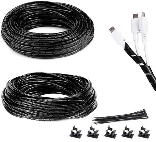 KXVXXV Spiral Kabelschlauch Schwarz 4 mm x 20 m / 6 mm x 15 m, 35m Spiralschlauch Kabelspirale Spiralband mit Kabelbinder und Kabelclips