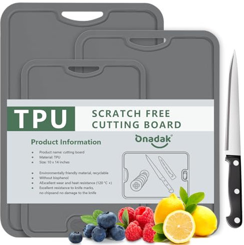 Onadak 3 Pack TPU Cutting Boards with Knife and Juice Groove，Lightweight Cutting Boards for Kitchen，Flexible Chopping Boards for Kitchen，Knife Mark Resistant, BPA-Free, Dishwasher Safe