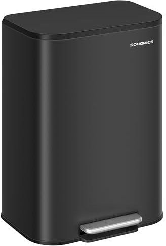 SONGMICS Kitchen Bin, 50 L Pedal Bin, Steel Trash Bin, Soft-Close Lid, Stays Open, Inner Bucket, Wide Non-Slip Pedal, Ink Black LTB547B01