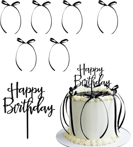 Moguri Bow Cake Topper Ribbion Cake Topper with Happy Birthday sign Coquette Themed Party Black Vintage Cake Topper for Heart Cake Vintage Cake
