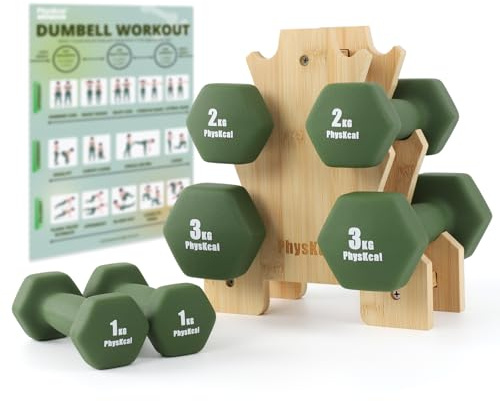 PhysKcal hantlar set med bambumstativ, hantel 1 kg, 2 kg, 3 kg – kala