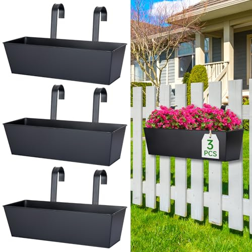 OGIMA 41cm Railing Planter Box, 3 Pack Large Hanging Planters for Outdoor Plants with Adjustable Wide Hooks for 7cm Railings - Balcony Planters Railing Hanging for Deck, Fence & Patio Decor