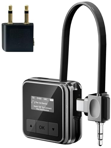 7JI Trasmettitore Ricevitore Bluetooth 5.3, 3,5 mm AUX + C tipo 2 in 1 interfaccia wireless Bluetooth trasmettitore audio ricevitore, schermo LED, adattatore audio wireless per volo/TV/tablet