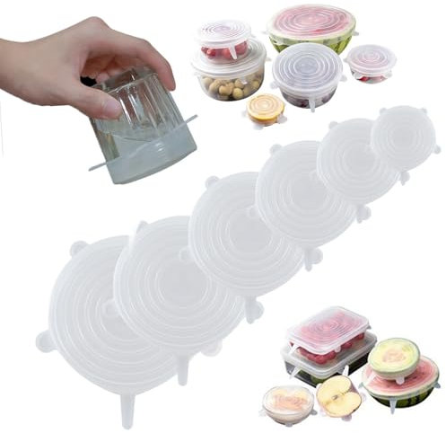 6 PCS Reusable Silicone Lids Sustainable Stretch Covers for Bowls Cans Cookware Stretches to Fit All Containers Ideal for Yoghurt Pots Jam Jars