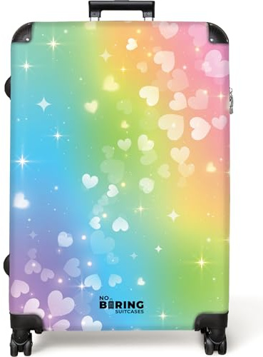 NoBoringSuitcases.com® Koffer Kinder Groß 77x51.5x28 cm Kinderreisekoffer Kinderkoffer mit Roller Leicht Trolly Große XXL Hartschalenkoffer Kind Herzen - Regenbogenfarben - Bunt
