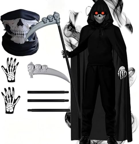 Meiruier Halloween Sensenmann Kostüm Erwachsene: mit Umhang Kapuze Glühhandschuhen Schädelmaske Sense Set - für Halloween Party Karneval Cos play