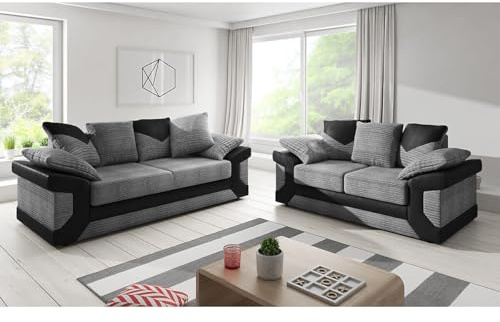 JSB Northwest Ltd | UK Manufactured - New Dino 3+2 Grey Fabric & Black Leather Sofa | Luxury Living Room Furniture - Easy to Install