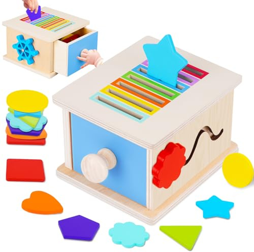FCSONU Toddler Montessori Shape Coin Box Toys for 1 2 3 Year Old Girls Boys | 3in1 Cause and Effect Toys|Baby Toys|Learning Colour Sorting Sensory Toys, Kid Easter Christmas Birthday Gifts Present 12-18M