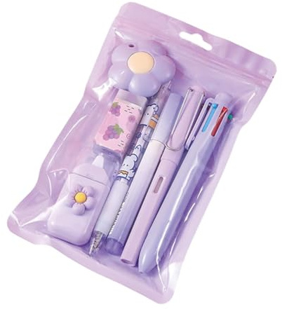 Ensemble de papeterie mignon fournitures scolaires, 7 pièces, fournitures de bureau, y compris stylos à bille, taille-crayon, surligneur, ruban correcteur, règle, couteau utilitaire (violet)