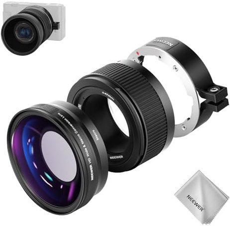 NEEWER Gran Angular HD Objetivos Compatible con Sony ZV1, 2 In 1 18mm Gran Angular & 10x Macro Objetivo Adicional con Tubo Extensión, Bayonet Mount Adaptador & Paño de Limpieza (Marco Negro)