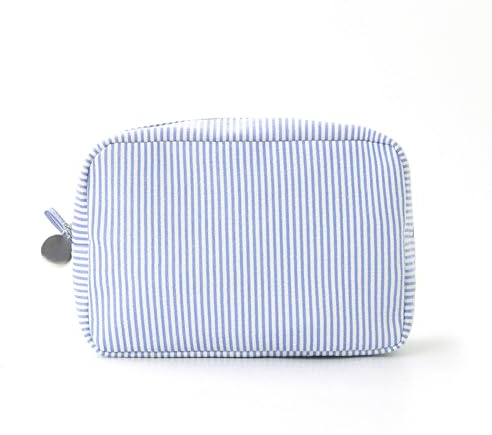 Travel Makeup Bag, Blue Stripe Cosmetic Bag with Zipper Striped Pencil Case Toiletry Organizer Portable Make up Skincare Storage Pouch Travel Beauty Clutch Purse for Woman