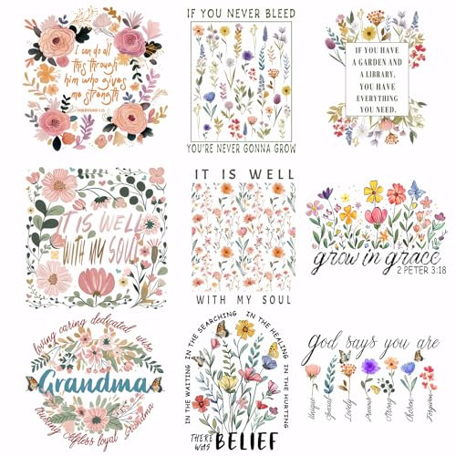 SUPERDANT 9 teiliges Blumendruck Wärmetransfer Set Bunte Blumen Text Bügelaufnäher Plastikaufkleber Set Für T Shirts Stofftaschen Jacken Kissen Hoodies DIY Bastelbedarf