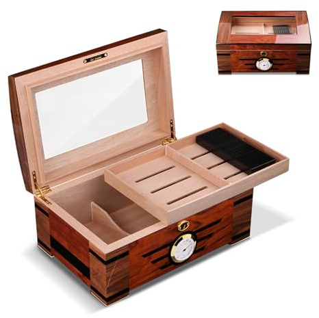 Cigarrfodral, cigarrförvaringslåda, resehumidor, 1 st med hygrometer och luftfuktare, glaslock, avdelare for 100