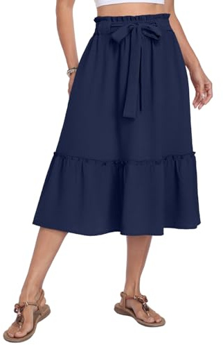 PrinStory Women's Summer Midi Skirt Elasticated Waist Tiered Casual A Line Skirt with Pockets Adjustable Drawstring UK 18-20 (Navy Blue, XL)