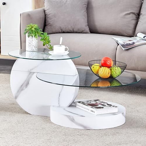 Bladez Mesa de Centro 2 Niveles de Vidrio de Seguridad, Mesa de salón con Vidrio de Seguridad y MDF con lámina Efecto mármol Blanco, Mesa Redonda para sofá, diseño Minimalista, 90 x 70 x 44 cm