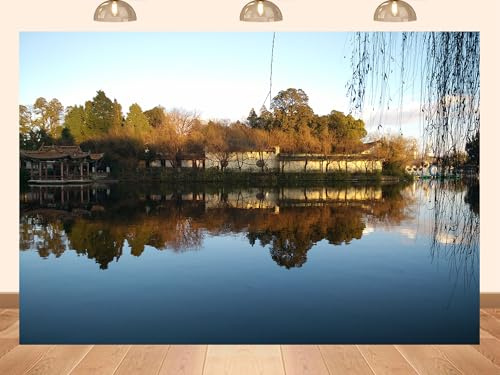 PEKRU 20x10ft Fabric Chinese Garden Lake Backdrop with Traditional Pavilions and Willow Trees at Sunset Background for Cultural Tourism Party Decor for Events and Photo Props Wallpaper