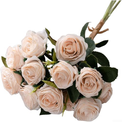 PureBowlic konstgjord rosbukett med frostade kanter, 43 cm realistiska polyesterblommor för heminredning, bröllopsfest, bordsuppsatser och alla hjärtans dag, vit-lila (beige)