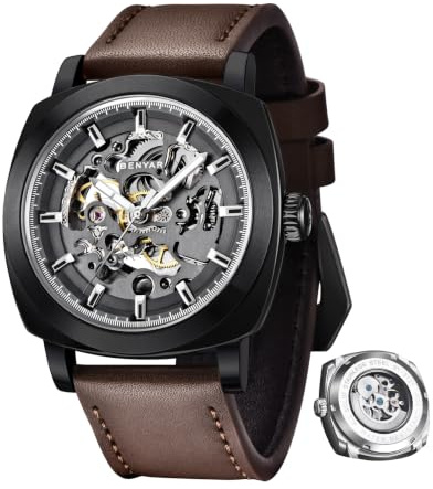 BENYAR Herren Automatik Mechanische Uhr | Lederarmband | Goldenes Uhrwerk | 45 mm Skelett Zifferblatt | Wasser- und Kratzfest, stilvolles Geschenk für Männer