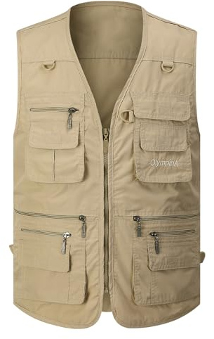 Gihuo Men's Fishing Vest Utility Safari Travel Vest with Pockets Outdoor Work Photo Cargo Fly Summer Vest (Small, Khaki)