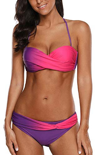 Tuopuda Costume da Bagno Donna Bandeau Bikini Set Push Up Imbottito Costumi Mare Due Pezzi Brasiliana Bikini Gradient Color Spiaggia Sexy Top Triangolo Reggiseno con Slip Vita Bassa, Viola, 44-48