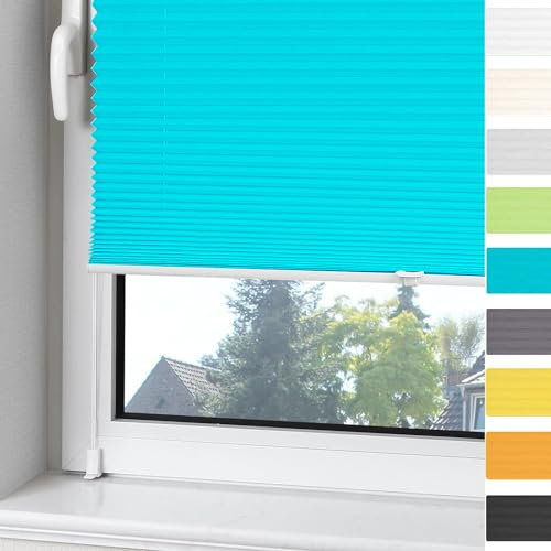 OUBO Plissee Klemmfix ohne Bohren Aluminium-Schienen, Blau 50 x 130cm(BxH), lichtdurchlässig & Blickdicht, Jalousie Faltrollo Innen für Fenster & Tür