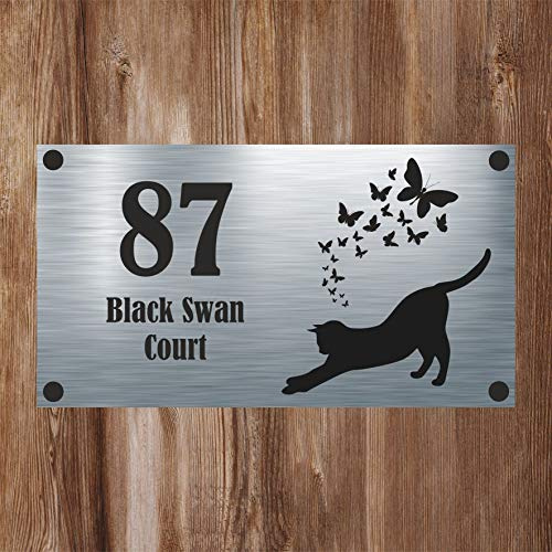 Cat Collection - Black Cat Silhouette 3 Aluminium House Sign Personalised With Your House Name/Number & Street Name