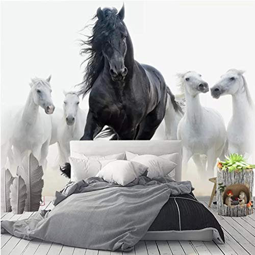 Papier Peint Mural Poster Photo Géant Cheval noir cheval blanc Autocollant Mural Pour Salon Chambre À Coucher Couloir Moderne Espace Visuel De Paysage Naturel Murale 350X256cm