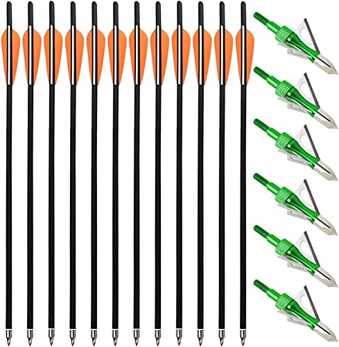 PMSM 12 pièces Flèches d'arbalète en Carbone 20 Pouces Boulons d'arbalète et 6pcs Pointes de Flèche de Chasse,Arbalète Flèches de Carbone pour Pratique de la Chasse et du Tir à l'arc(Orange et Vert)