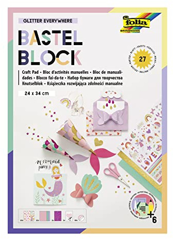 folia 49102 - Bastel-Block Glitter Everywhere mit 27 Blatt Bastelpapier im Format 24 x 34 cm, mit bedrucktem Fotokarton, Tonpapier, Glitter-Papier, vorgezeichneten Formen und Stickern