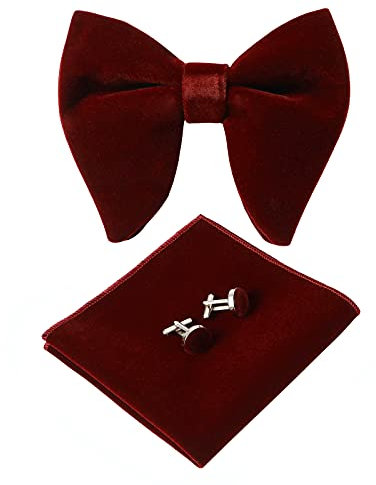 HOULIFE Ensemble nœud papillon pour homme - Nœud papillon réglable en velours pré-noué, pochette de poche unie, boutons de manchette pour marié, mariage formel avec boîte cadeau, bordeaux, Fliege: