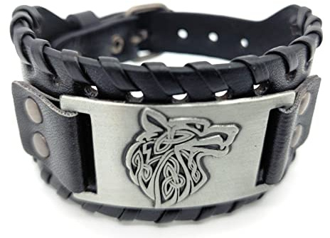 Vikings Wikinger Armband Wolf Motiv Leder Metall schwarz silber