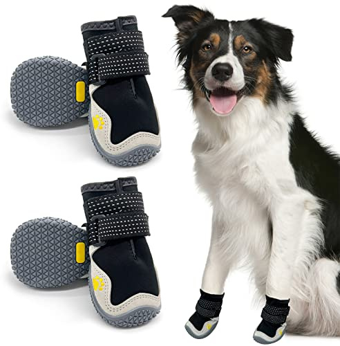 Hundeschuhe, 4 Stück Atmungsaktive Stiefel für Hunde mit reflektierenden Riemen, Mikrofaser Leder Gummi Rhombische Sohle Hundepfotenschutz (6#)