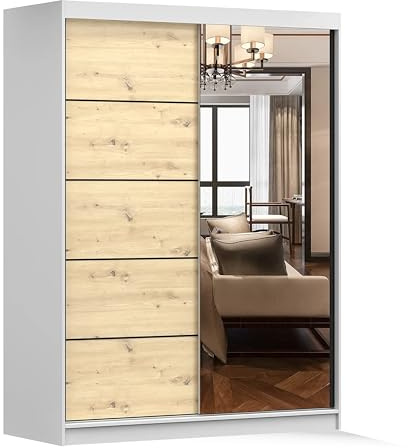 Fabryka Mebli Idźczak Kleiderschrank mit Spiegel, Wohnzimmerschrank - Weißer Schwebetürenschrank, Schlafzimmerschrank - ‎61 x 150 x 200 cm - Schrank für Schlafzimmer, Wohnzimmer, Garderobe