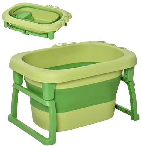 HOMCOM Baby Bathtub for 0-6 Years Collapsible Non-Slip Portable with Stool Seat for Newborns Infants Toddlers Kids - Green