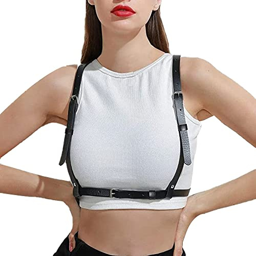 Punk Cinturón de Arnés de Cintura para Mujer Cuerpo de Cuero PU Cadena de Pecho Negro Chaleco Gótico Ajustable Cinturón Joyería Corporal para Rave Cosplay Disfraz de Halloween