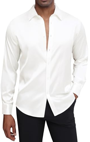J.Ver Camisa de Vestir de satén de Seda para Hombre, de Manga Larga, Brillante, Informal, con Botones, de Lujo, para Fiesta de graduación, Blanco, Medium