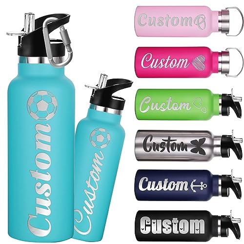 Botellas de agua personalizadas de 26 onzas, botella de agua de acero inoxidable personalizada con tapa con popote, botellas de doble pared aisladas personalizadas con nombre y texto grabado, para