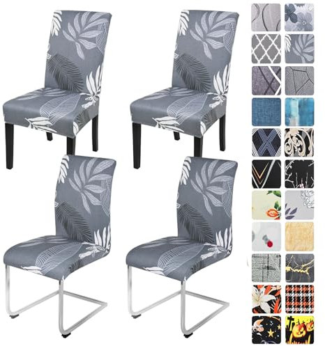 Alishomtll Stretch Stuhlhussen 4er/6er Set Grau Stuhlbezug Schwingstuhl Elastische Hussen Abnehmbarer Waschbarer Stühle Schutz für Esszimmer Restaurant Hotel Bankett Hochzeit (Graue Blätter, 4 Stück)