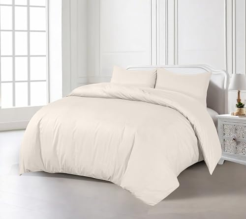 200TC Duvet Cover Bedding Set Single, Double, King, Super King Size 100% Egyption Cotton Hotel Quality Duvet Set with Easy Closure (Cream, Double)