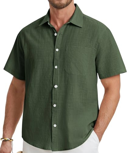 HISDERN Herr kortärmade linnetröjor ledig button-down vanlig skjorta med ficka för sommar strand normal passform, gRÖN, L