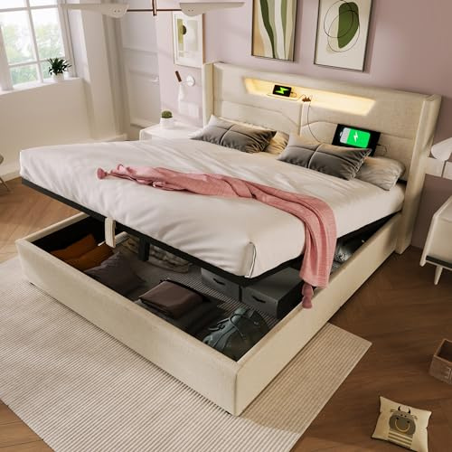 Kehun Polsterbett Doppelbett 160x200 cm mit LED-Kopfteil and USB-C, Stauraumbett mit Stauraum and Lattenrost aus Holz, Bett Bettgestell mit Hydraulisches Metallrahmen, Leinen, Beige, Ohne Matratze