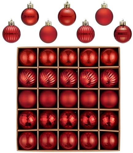 Valery Madelyn 25 Stück Weihnachtskugeln,4cm mini Christbaumkugeln Weihnachtskugel Bruchsicher,Rot Weihnachtsbaumschmuck Christbaumschmuck mit Aufhänger für Weihnachtsdeko