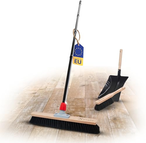 Novaliv Grand balai de salle 60 cm avec manche, poils et balayette, noir, composé d'une pelle et d'une balayette à main - Balai fin - Avec manche - Balai industriel
